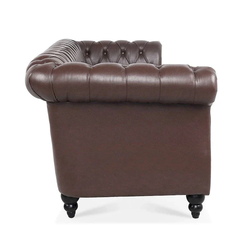 Tufted Sofa - Faux Leather, Rolled Arms Design, Seats 3