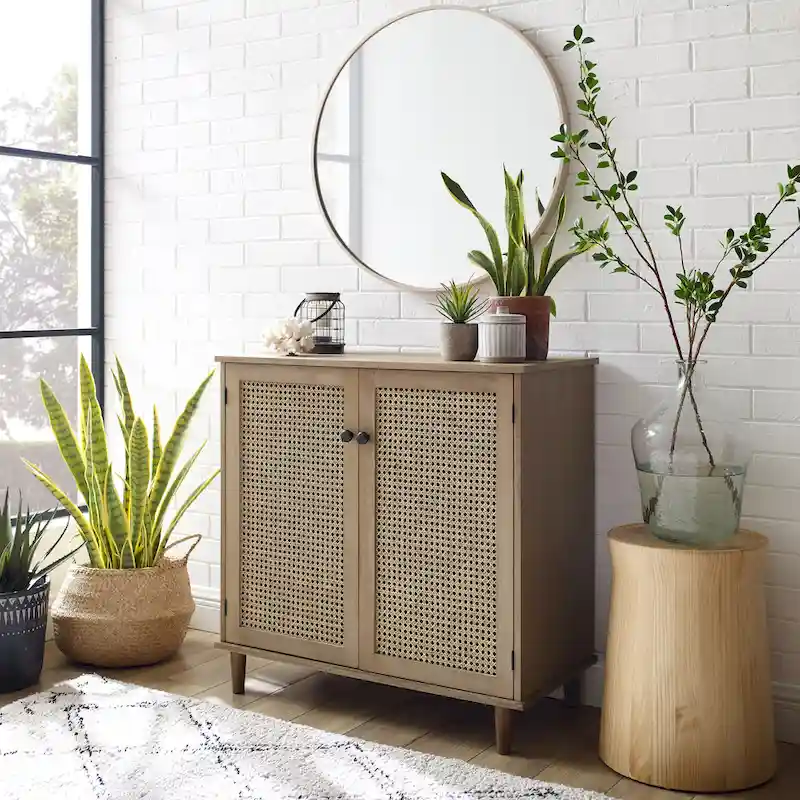 Natural Bamboo / Walnut Woven Rattan Accent Cabinet with Sliding or Standard Doors – Single Unit