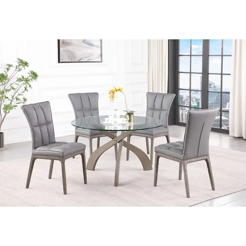 Grey 5-Piece Round Glass Top Dining Set with Tufted Chairs
