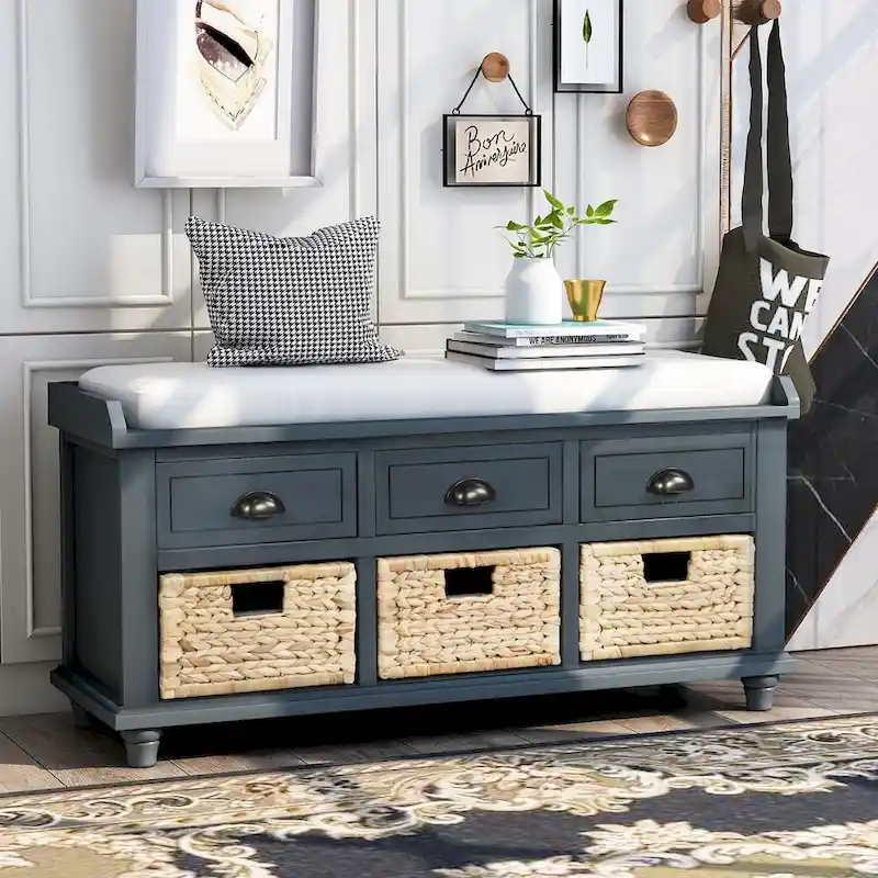 Rustic Storage Bench with 3 Drawers and 3 Rattan Baskets, Shoe Bench for Living Room, Entryway