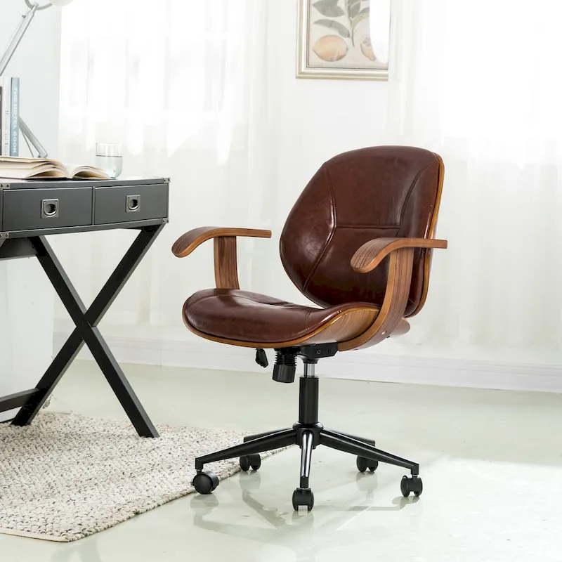 PU Leather Swivel Office Chair with Bamboo Armrests – Cocoa / Brown / Black, Mid-Back, Single User