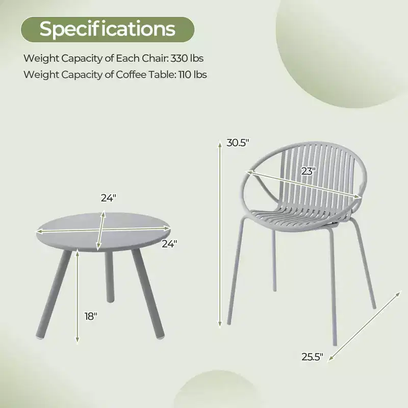 Costway 3 Pieces Bistro Set All Weather PP Patio Conversation Set with Round Coffee table Gray/Green