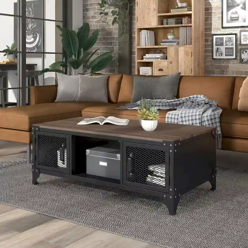 Rustic Black and Dark Walnut Steel Storage Coffee Table