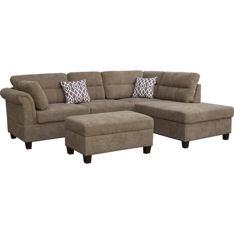 Ari 104 Inch Sectional Sofa with Chaise, Ottoman, 2 Accent Pillows, Brown