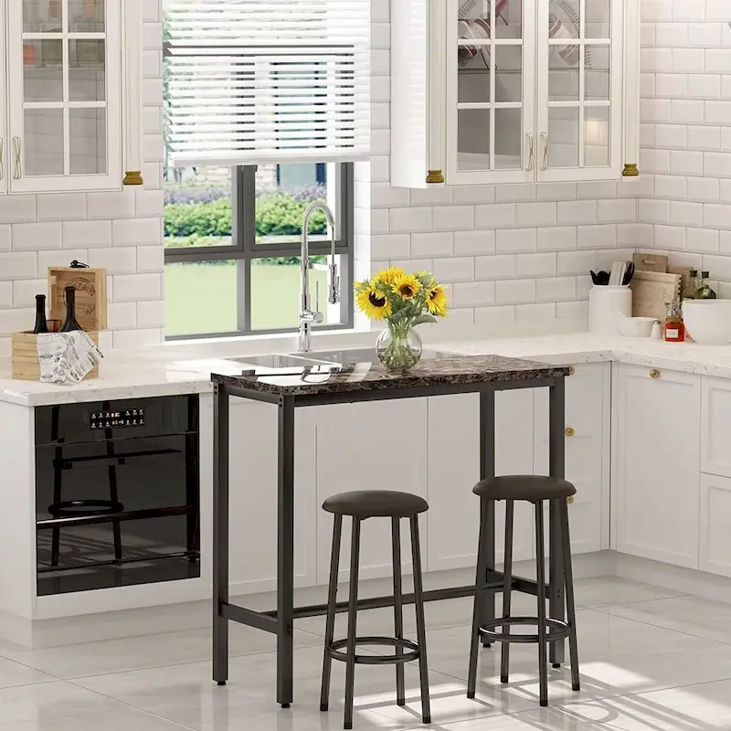 3 Piece Kitchen Pub Dining Set, Modern Faux Marble Counter Height Bistro Bar Table Set with 2 PU Leather Bar Stools