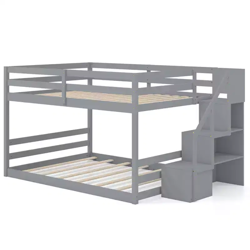 Costway Full Over Full Low Bunk Bed with Storage Stairs with Full-length Guardrails White/Gray