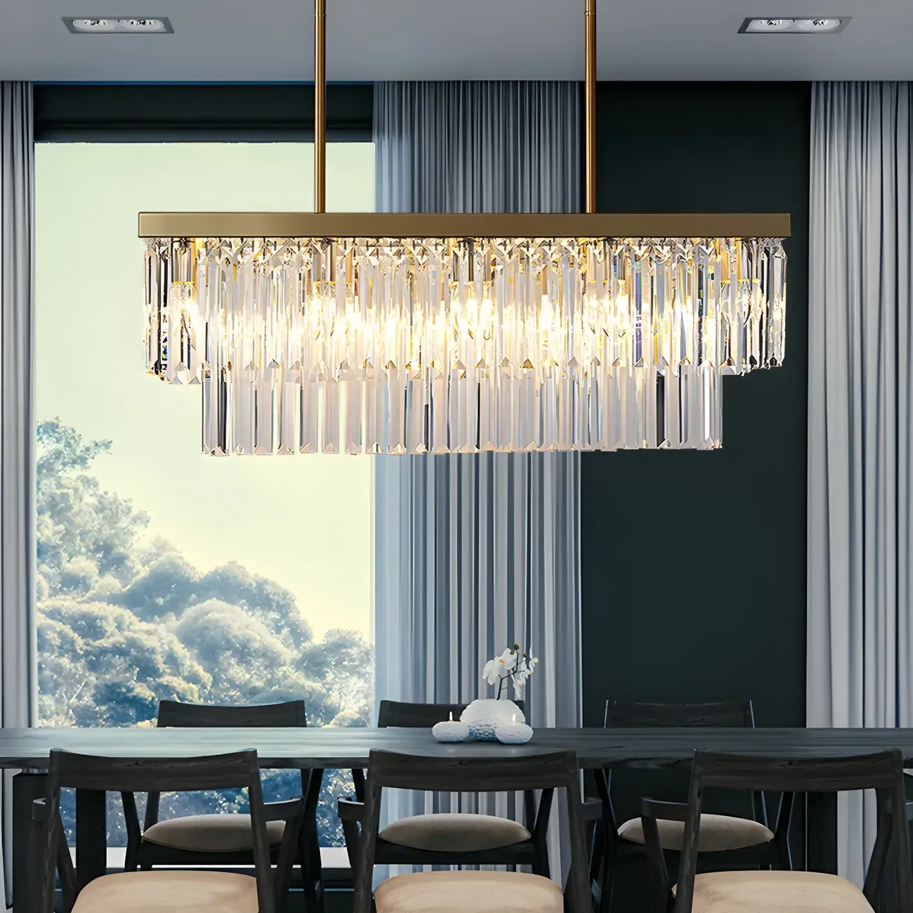 Modern Large Crystal Rectangle Island Pendant Light