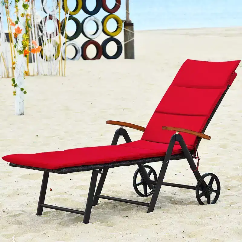 Costway 2 PCS Folding Patio Rattan Lounge Chair Cushioned Aluminum w/ Wheel