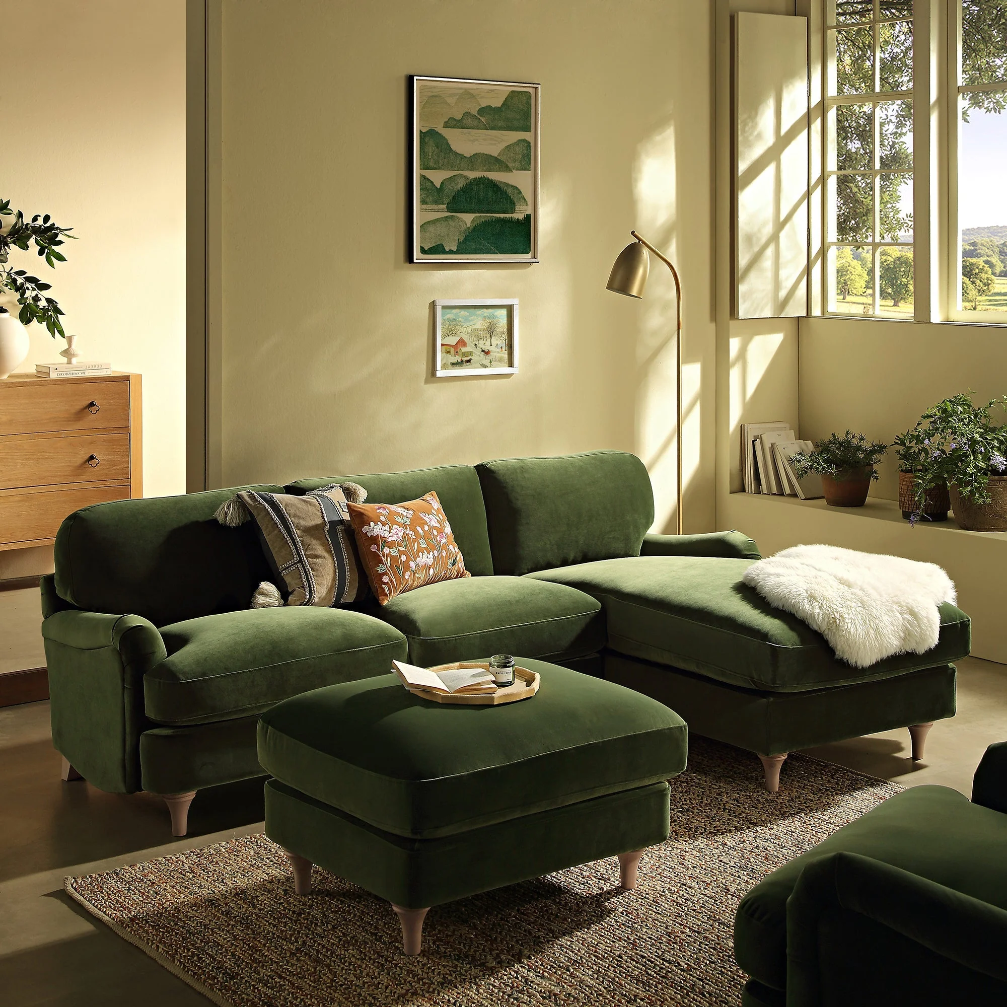 Fern Green Velvet Sofa, Grande Chaise Sofa Right Hand Facing
