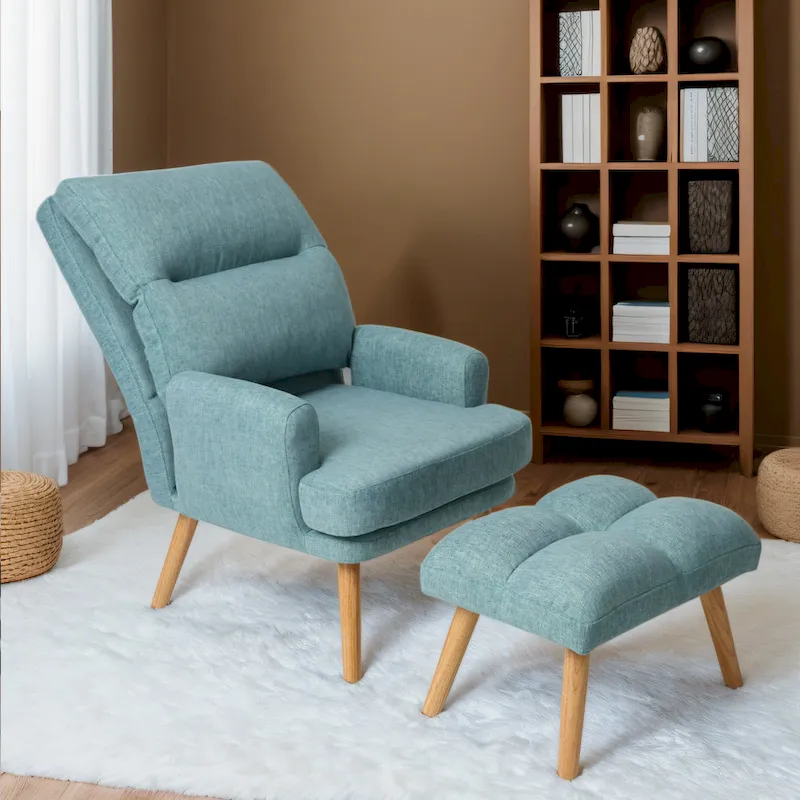 Accent Chair with Ottoman Set, Fabric Armchair with Wood Legs and Adjustable Backrest , Mid Century Modern Comfy Lounge Chair