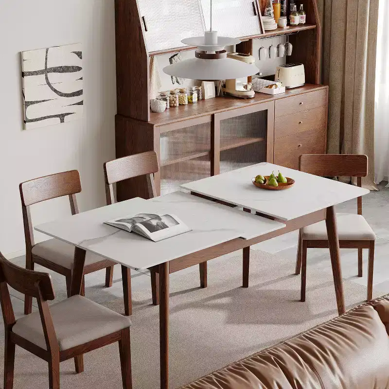 GDFStudio Calla Modern Oak Wood Rectangular Extendable Dining Table with Rounded Corner Tabletop and Diagonal Leg