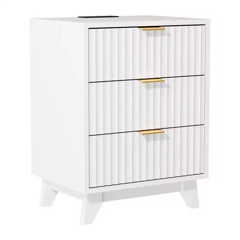 Karl Home 17.72 Inch 3 Drawer Grid Pattern Nightstand with US Standard Power Outlets