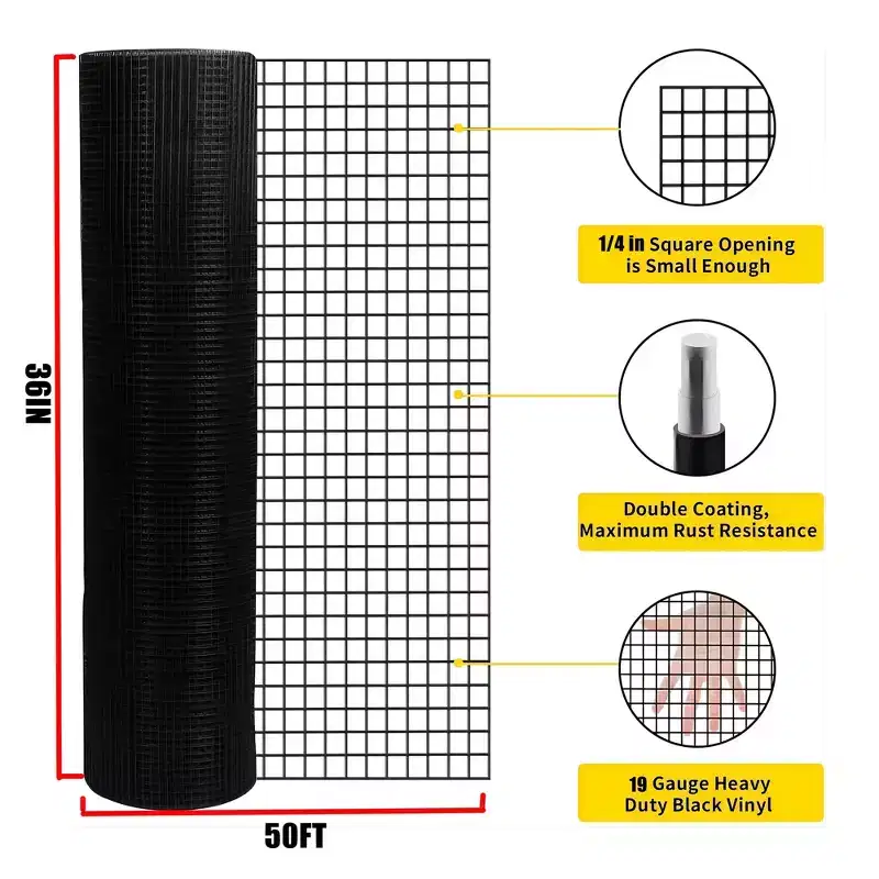 Clihome 36 inch x 50 ft Black Vinyl Coated Hardware Cloth, 19 Gauge 1/4 inch PVC Welded Wire Fence