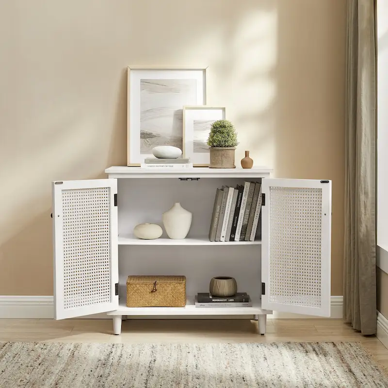 Natural Bamboo / Walnut Woven Rattan Accent Cabinet with Sliding or Standard Doors – Single Unit