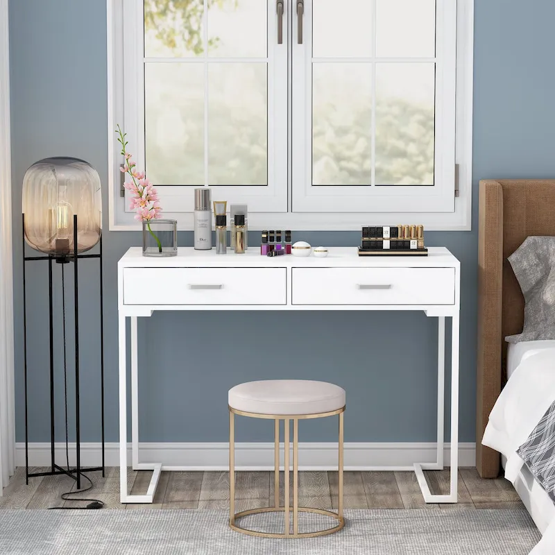 40 Inches Computer Desk White and Gold Desk with 2 Drawers