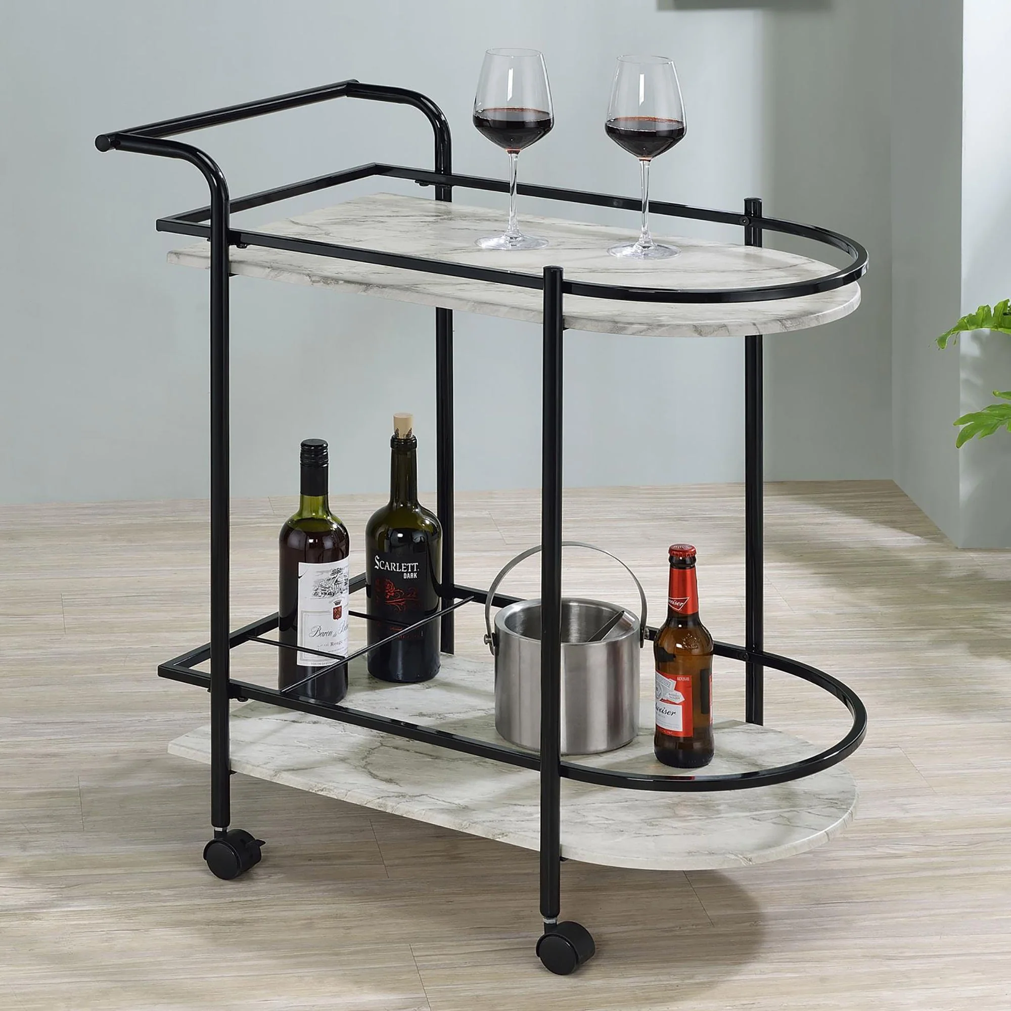 Walker Edison | Faux White Marble Serving Cart with Wine Rack