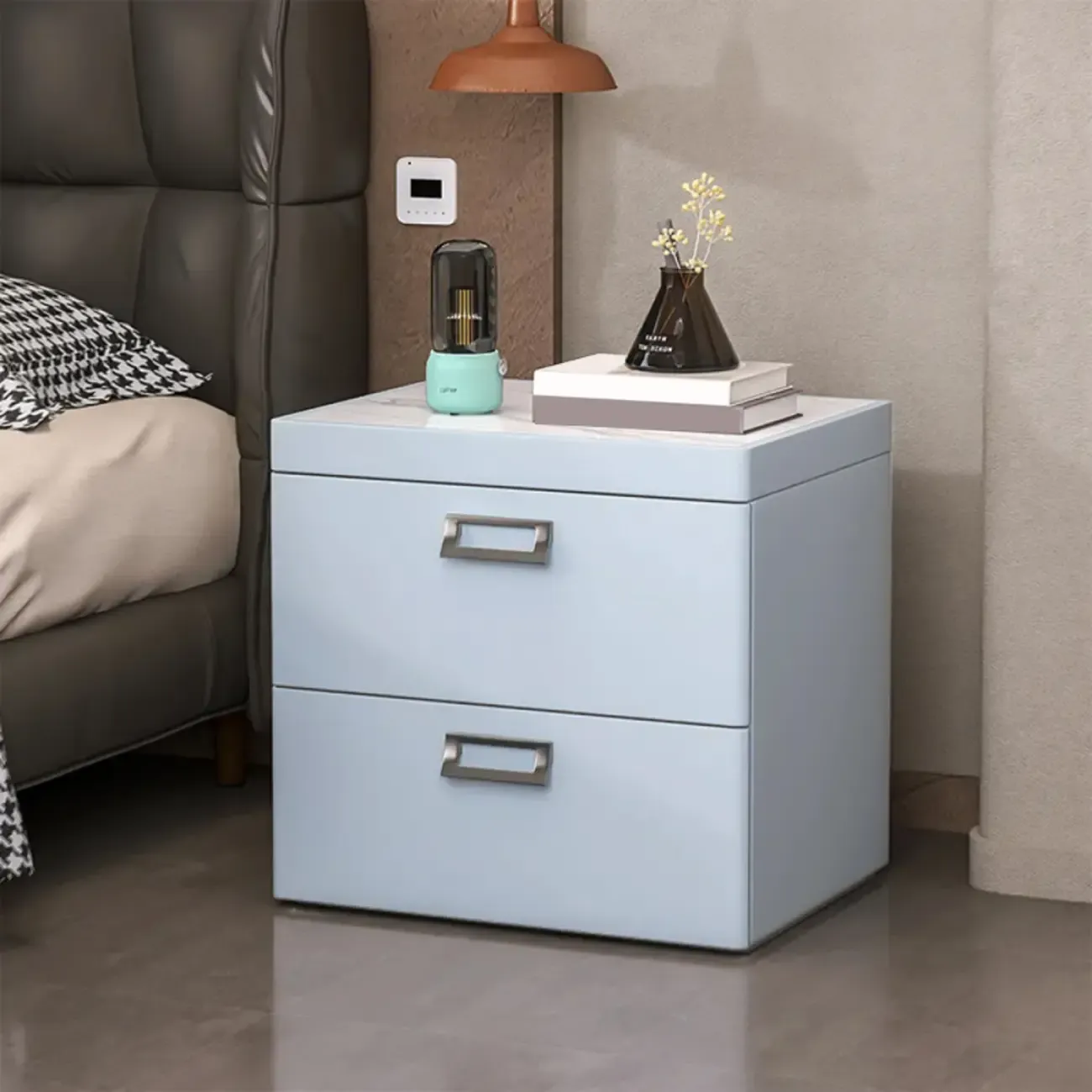Modern Faux Leather 2 Drawers Nightstand with Stone Top