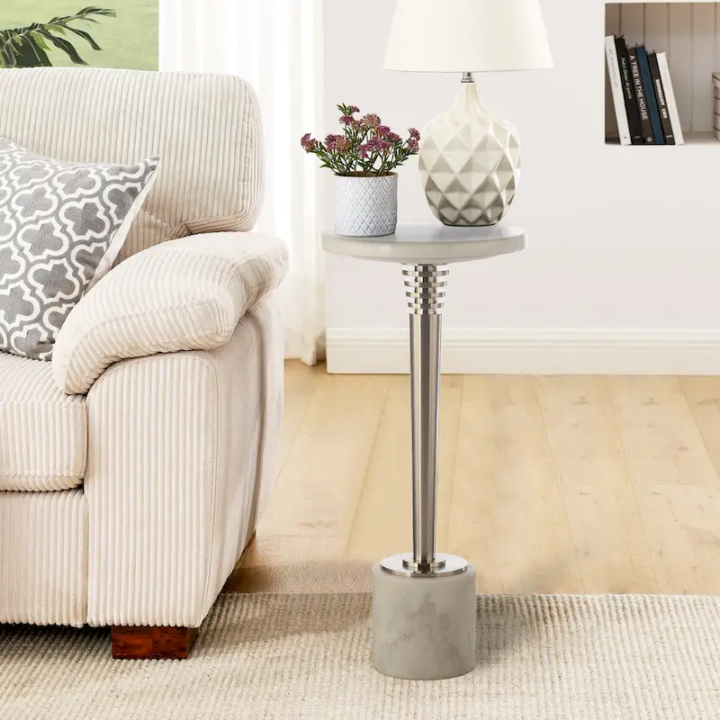 Contemporary Marble Pedestal Drink Table Round Accent Table