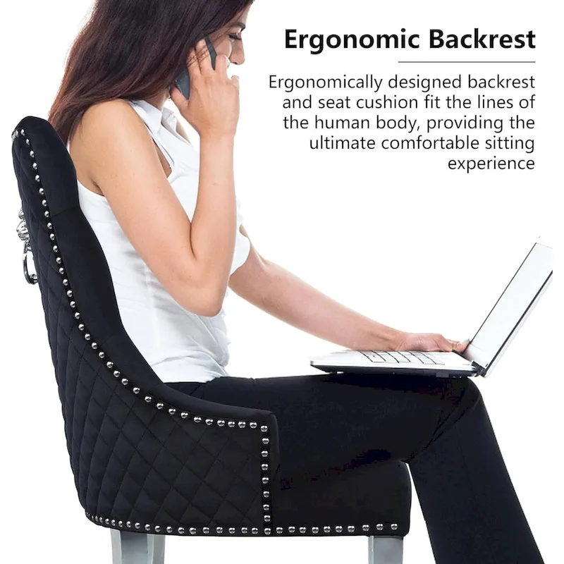 Velvet Dining Chairs Set of 2, Upholstered Tufted Nailhead Dining Room Chairs with Stainless Steel Legs & Lion Head Pull Ring