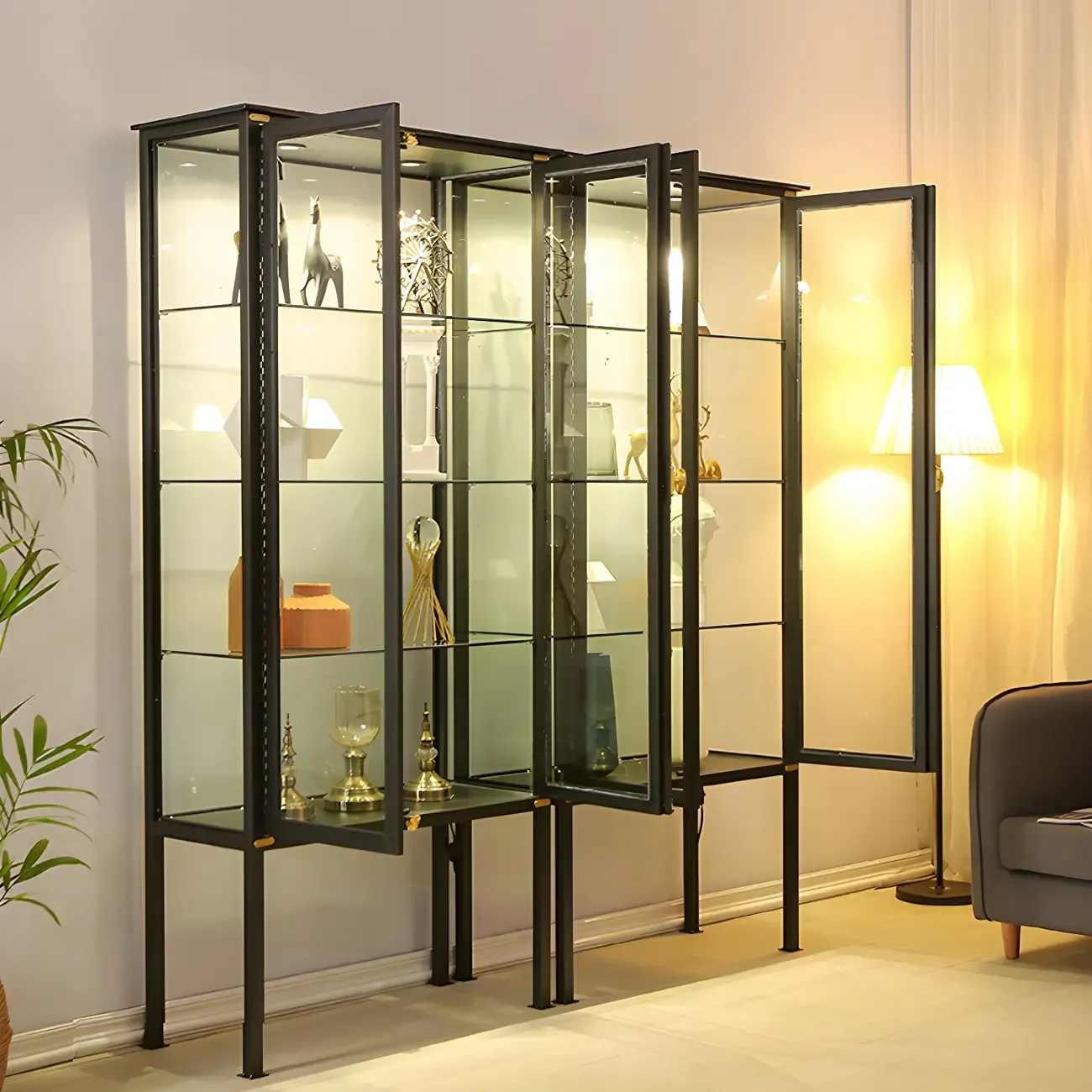 Glam Black Metal Frame Glass Curio Cabinet