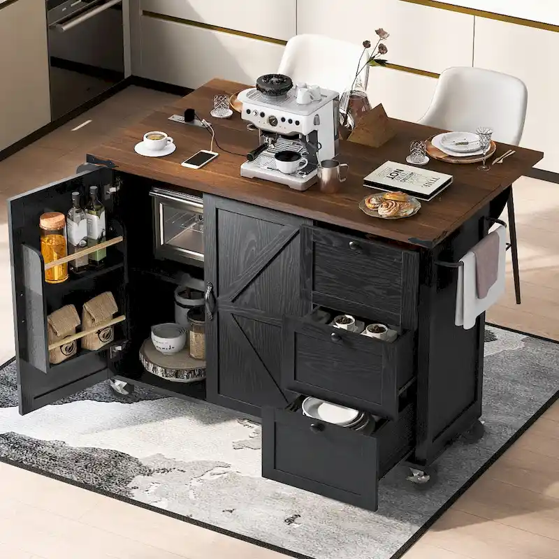 Farmhouse Kitchen Island with Power Outlet and Rolling Cart