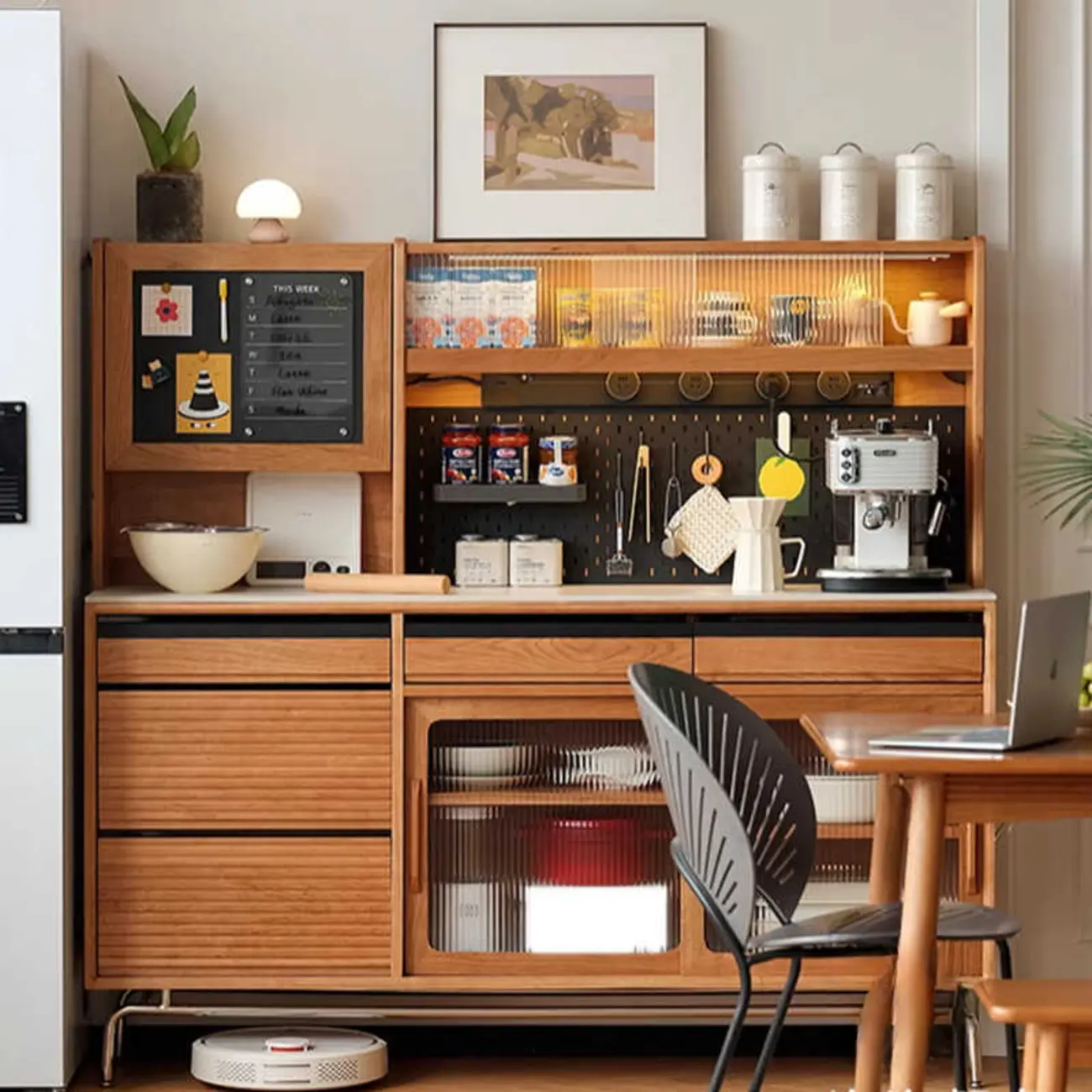 Modern Wood Sideboard with Cabinets and Stone Top