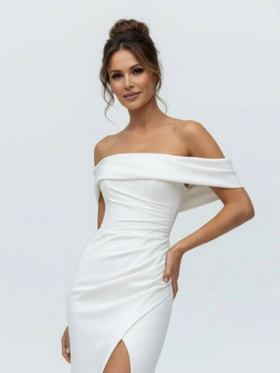 Mermaid Satin Off-the-Shoulder Sheath Wedding Dress with Zipper and Slit