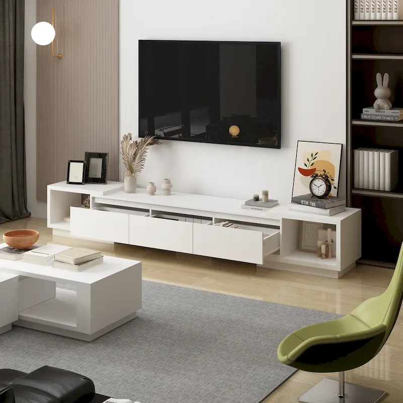 Modern Style Extendable TV Stand with 3Drawer White/Black 65.4-106.3