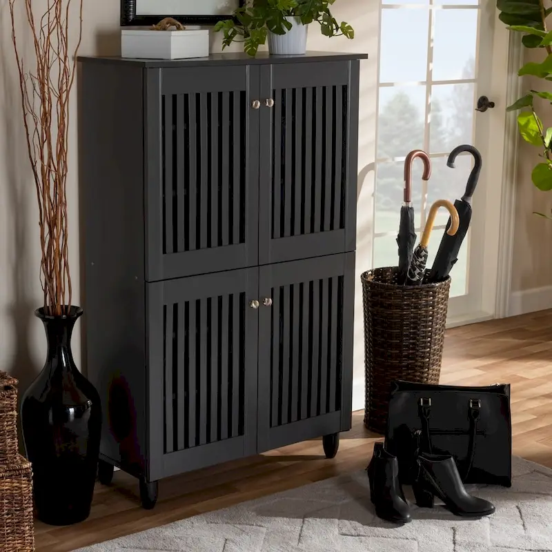 Contemporary Dark Grey Shoe Storage Cabinet with 4 Slatted Doors – Holds 18 Pairs