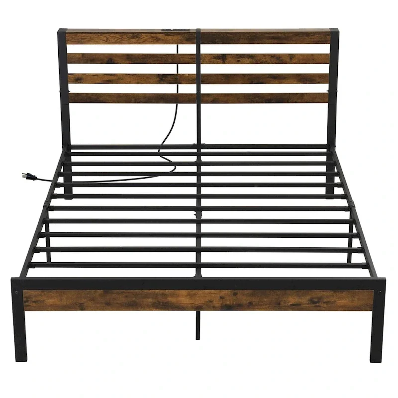 Costway Full Industrial Metal Platform Bed Frame Charging Station