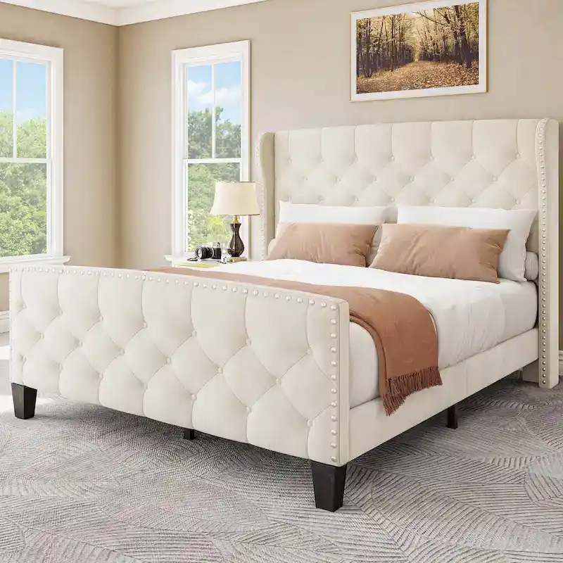 Velvet Wingback Platform Bed with Button-Tufted Footboard – Beige, Queen