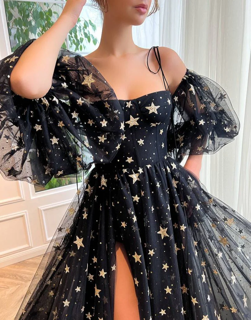 Side Slit Black Prom Dress with Stars