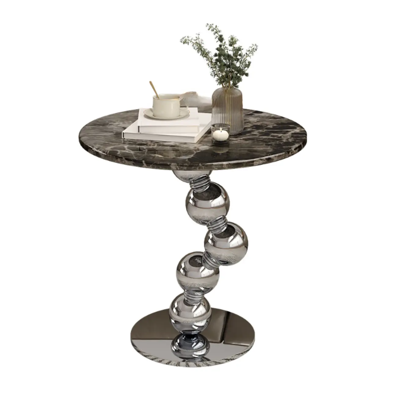 Contemporary Marble Top Round Side Table Metal Base
