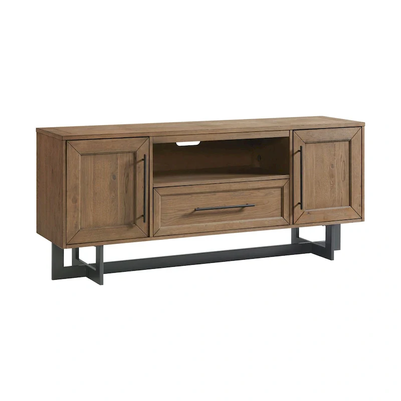 Black Rustic Wood Media Console – Open Shelf & Side Cabinets, Fits up to 70