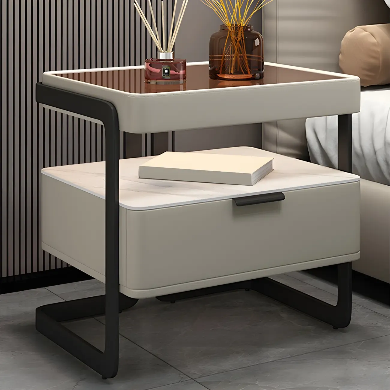 Modern Wood Nightstand with Glass Countertop and Drawer