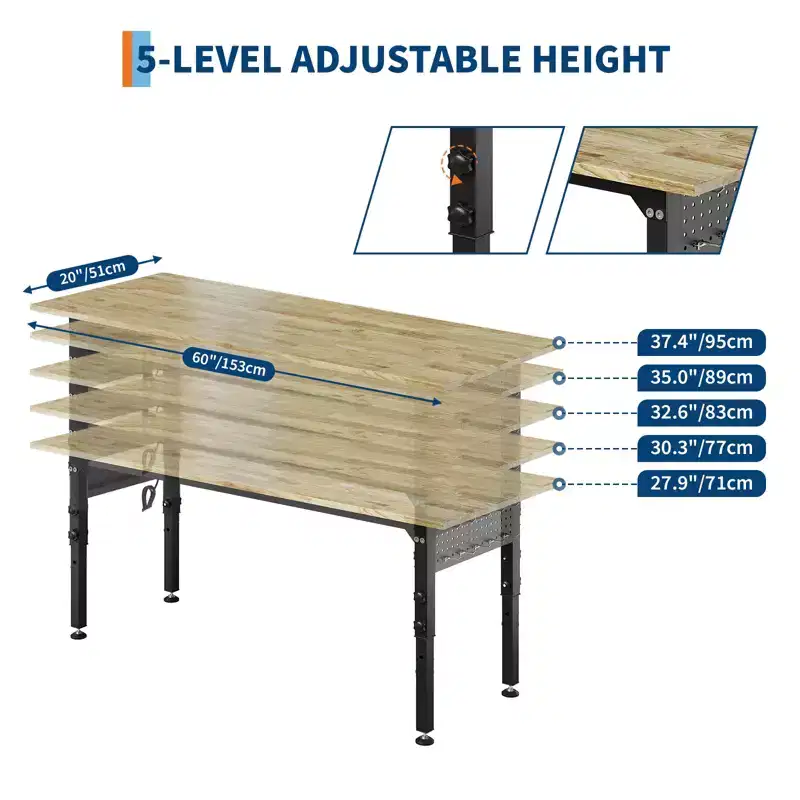 Rubber Wood Adjustable Workbench for Home, Office, Workshop, Durable and Versatile