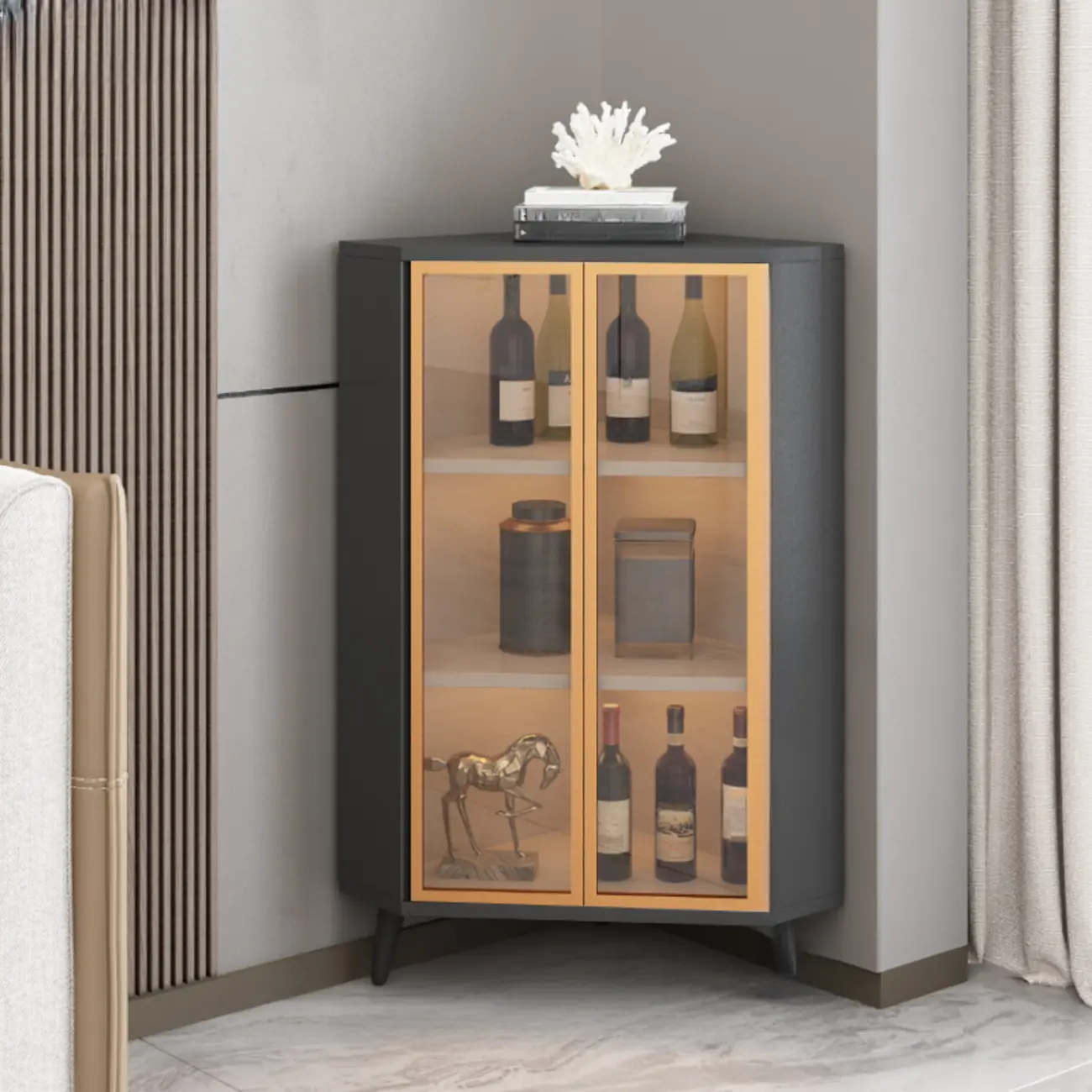 Modern Gray Wood Gold Glass Door Display Corner Cabinet