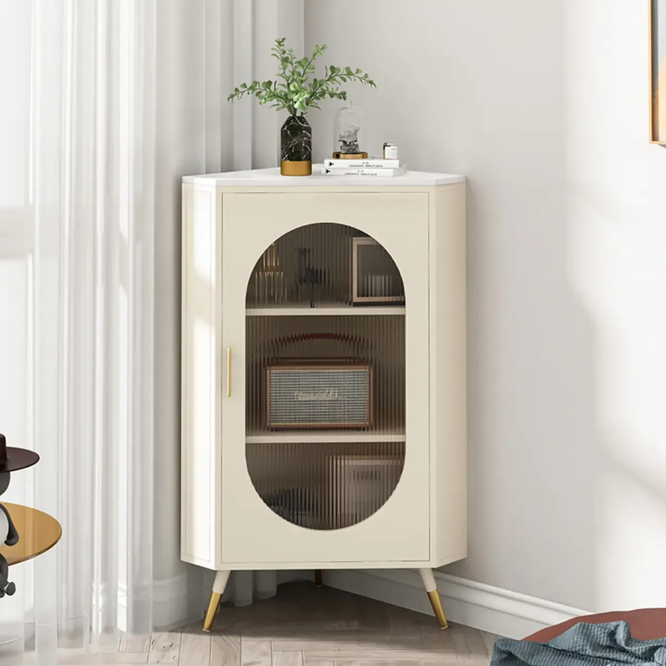 White 3 Legs Corner Cabinet with  Faux Marble Top & Iron Base