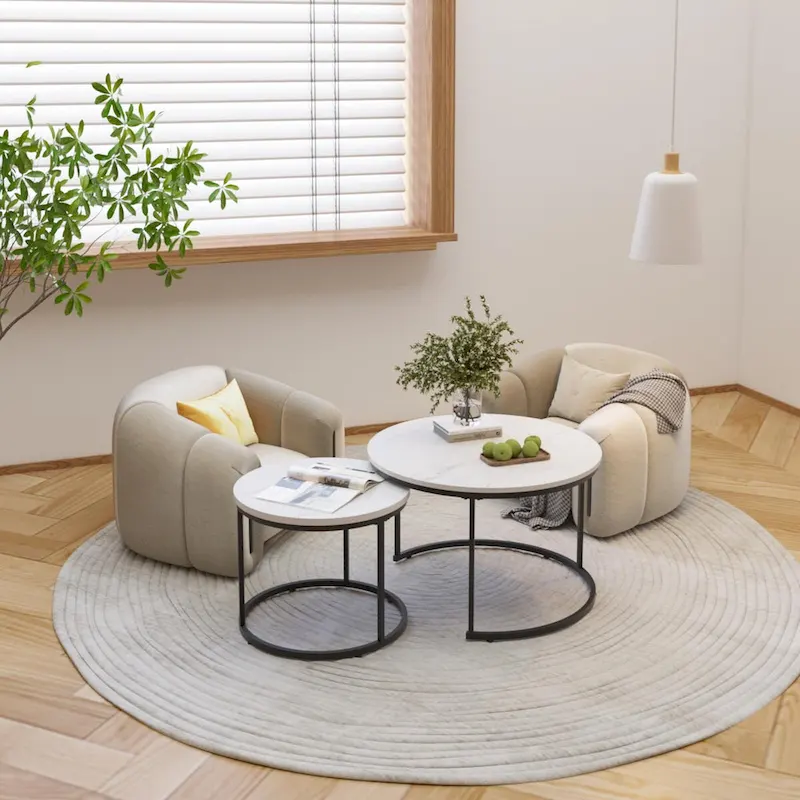 Nesting Coffee Table Set of 2, 27.6inch Round Coffee Table Wood Finish with Sturdy Metal Frame,End Table Side Tables