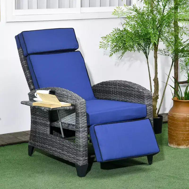 Outdoor Recliner Chair with Cushions, Reclining Patio Lounge Chair with Adjustable Footrest, Armrests, Tray Table