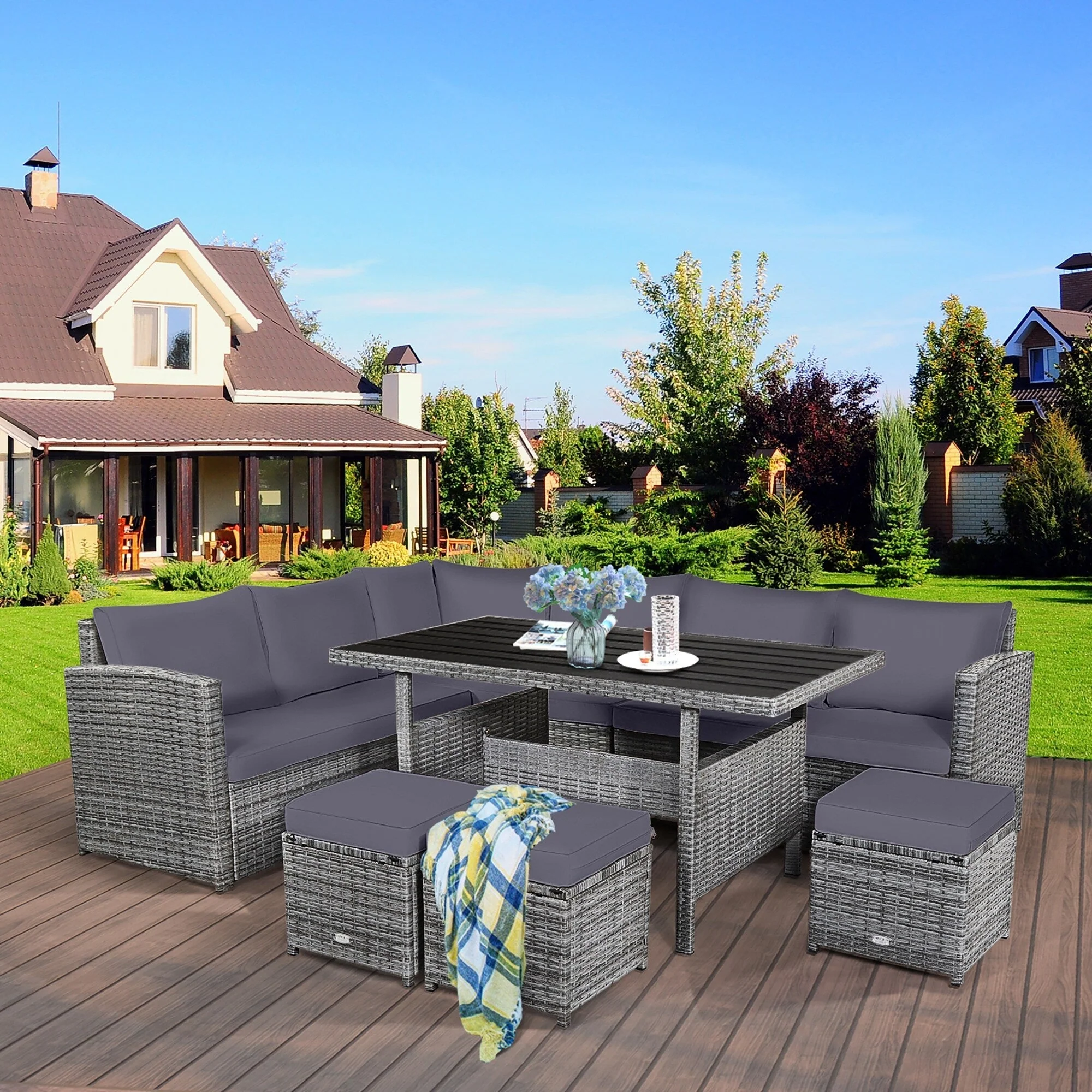 Costway 7 PCS Patio Rattan Dining Set Sectional Sofa Couch Ottoman - See Details