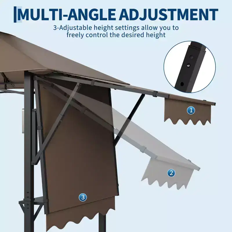 8x5 ft BBQ Grill Gazebo with Adjustable Dual Side Awnings 2-Tier Shelter with 2 Shelves Hooks 4 Lights Steel Frame Canopy for Backyard Garden
