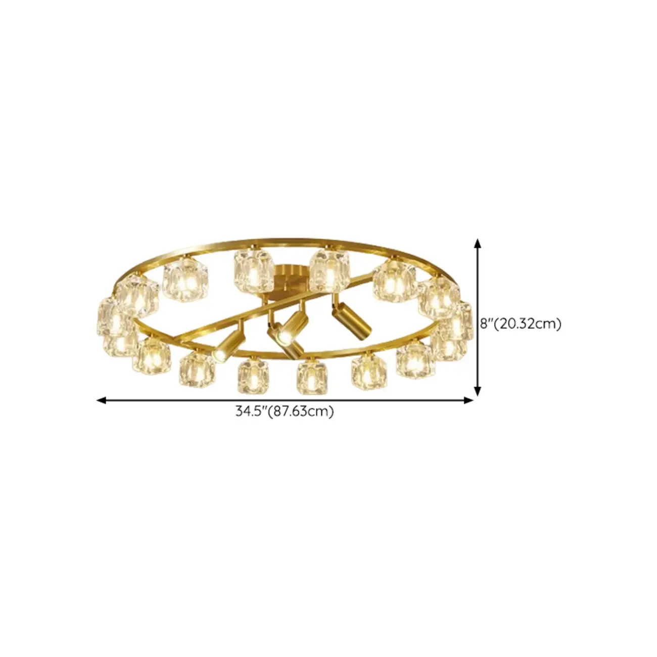 Gold Circle Cube Crystal Semi Flush Ceiling Light with Spotlights