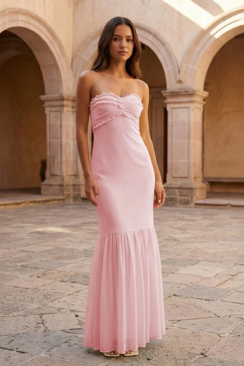 Yellow Strapless Sheath Chiffon Long Prom Dresses With Ruffles