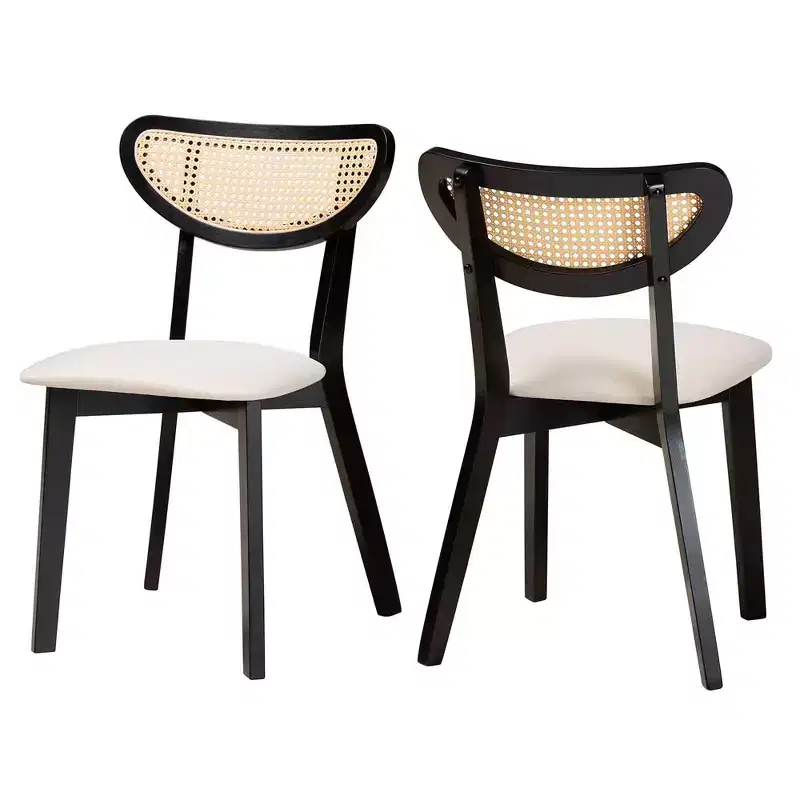 Baxton Studio 2pc Dannell Fabric and Wood Dining Chairs: Mid-Century, Rattan Detail, Foam Padded