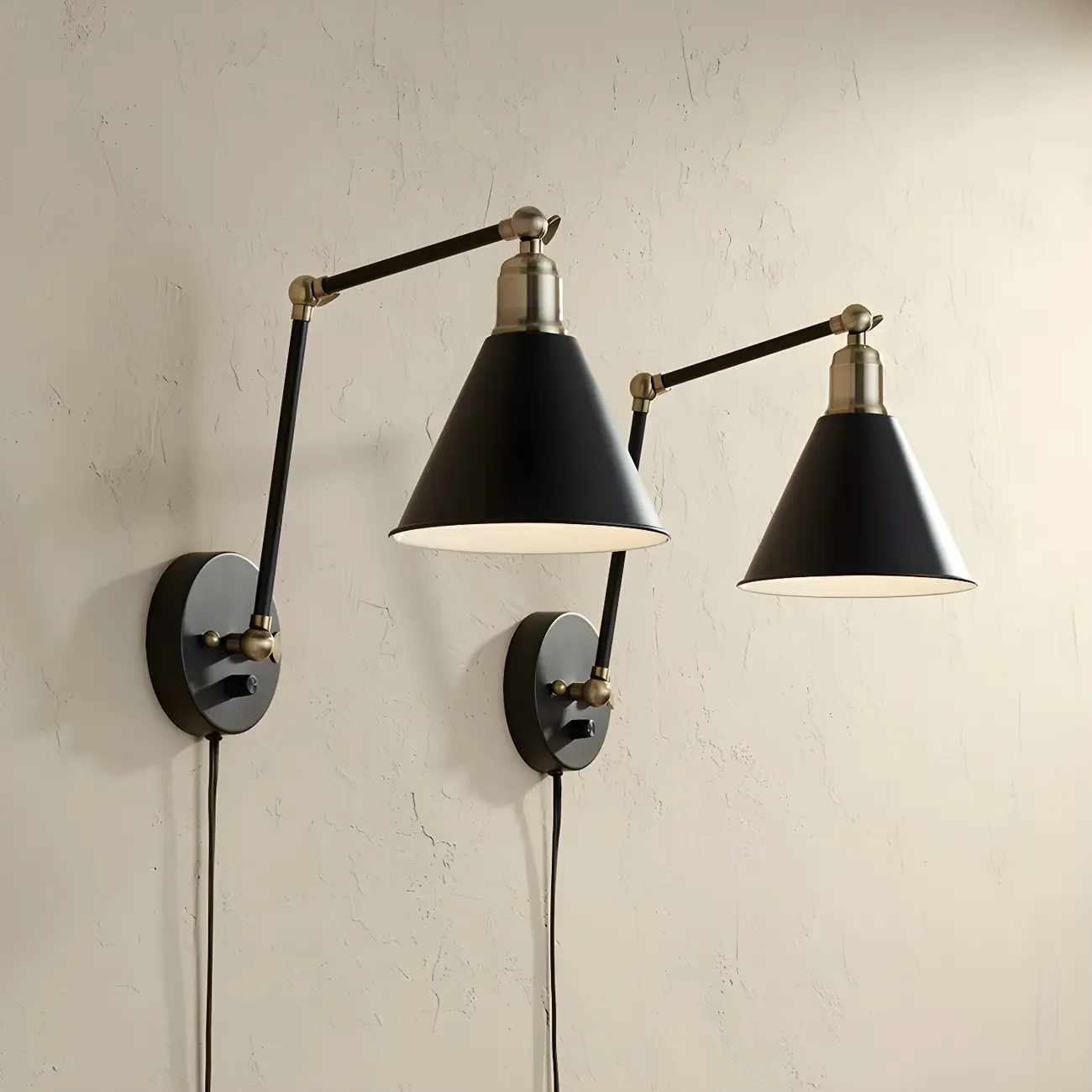 Vintage Metal Black Swing Arm Cone Shade Wall Light