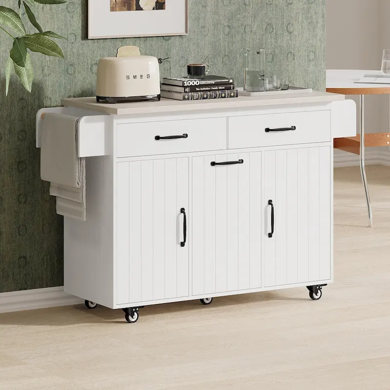 51 in. W Rolling Kitchen Island Cart with Drop Leaf and Tilt-out Trash Can