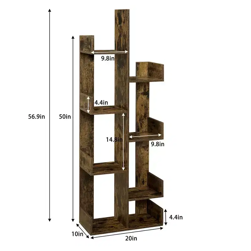 VECELO Tree Bookshelf, Geometric 8 Shelf Tree Bookcase Wood Bookshelves Display, Tree-Shaped Shelf Racks Organizer for Living Room Home Office