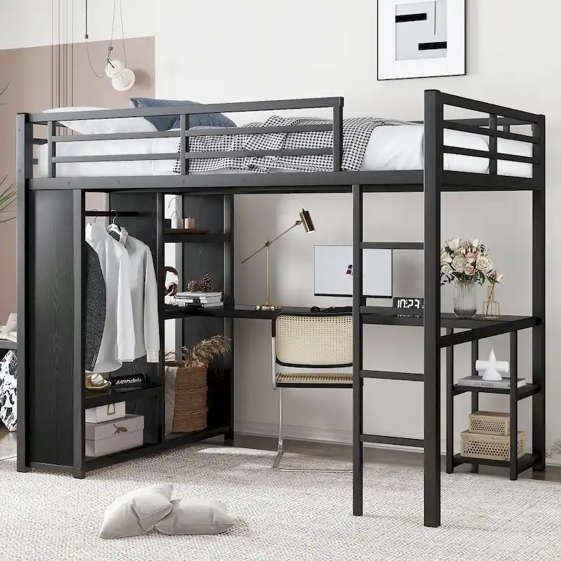Loft Bed with Built-in Wardrobe, Desk, and Storage Shelves, Space-Saving Design