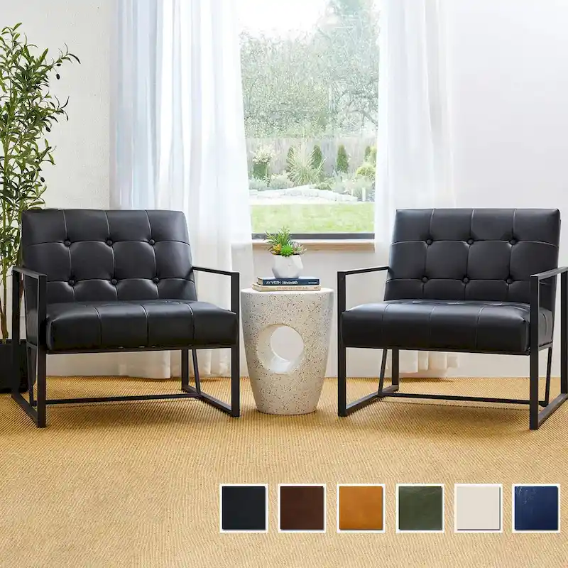 Brown / Black / Dark Green / Yellow-Chrome Frame / Camel / Cream / Hunter Green / Navy Blue Mid-Century PU Leather Button-Tufted Accent Chair - Single Use